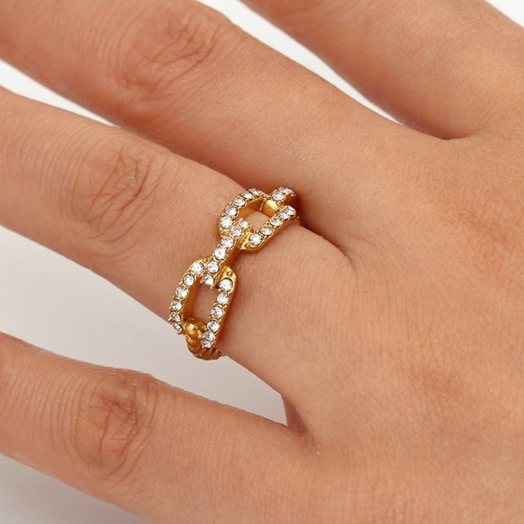 Chain Link Zircon‎ 18K Gold Plated Stainless Steel Ring - Picture 1 of 12